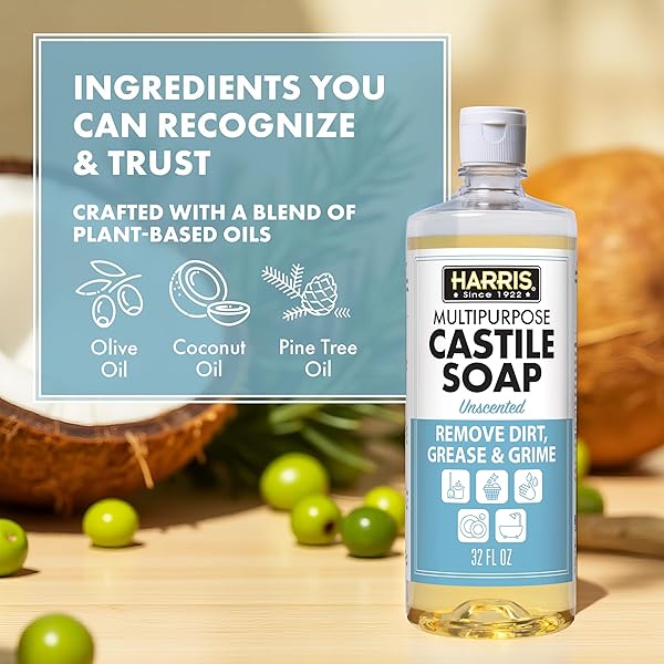 HARRIS MULTI-PURPOSE PURE LIQUID CASTILE SOAP FOR HOME CLEANING, MULTI-PURPOSE CLEANER, FOR DISH SOAP, LAUNDRY DETERGENT, KITCHEN AND BATHROOM SURFACES, KIDS ROOMS, UNSCENTED, 32 OZ