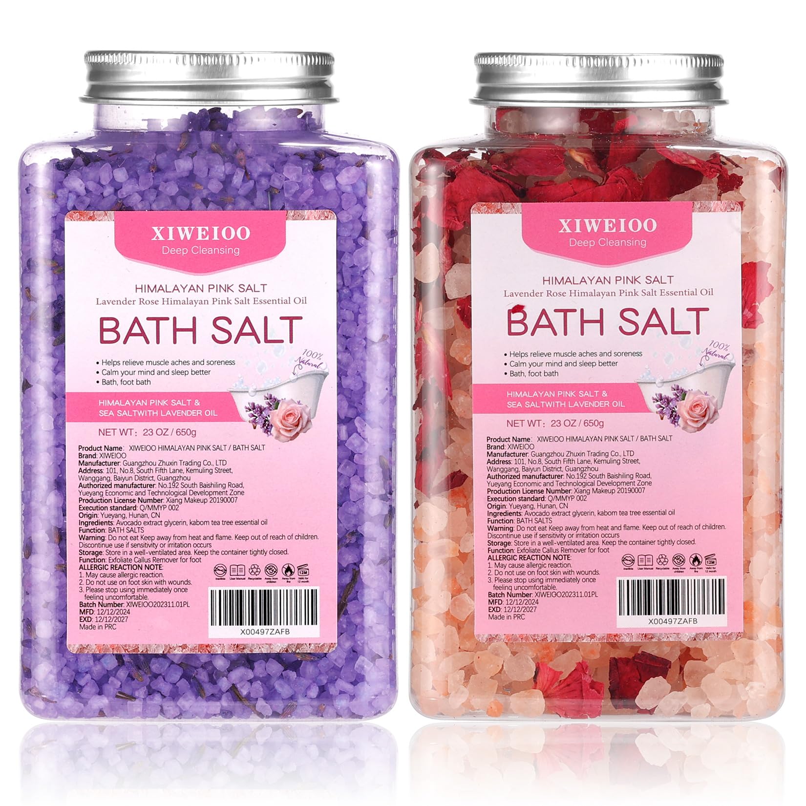 Photo 1 of XIWEIOO Bath Salts -46 oz, Pack of 2 Natural Epsom Salt Rose, and Lavender- Essential Oils Relaxes and Better Sleep Himalayan Pink Salt Foot Soak Tea Tree Oil