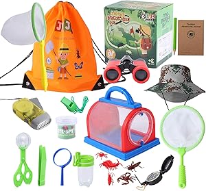 JVJQ Outdoor Explorer Kit – Bug Catching Kit - Nature Exploration Kit with Binoculars, Flashlight, Compass, Magnifying Glass, Butterfly Net - Great Toys Kids Gift for Boys– 3-12 Year Old Children