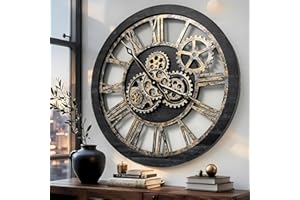 ImprovingLife The Gears Clock The Original Real Moving Gear Wall Clock Vintage Industrial Oversized Rustic Farmhouse (24 inch (60cm), Vintage Black Wood and Bronze)