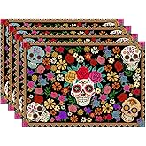 XCHI Sugar Skull Colorful Flowers Mexican Style Dia De Los Muertos Placemats Set of 4 Day of The Dead Table Mats for Party Home Kitchen Dining Table Decorations 12x18 Inch
