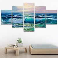 SIGNWIN 5 Panel Canvas Wall Art Sea Wave on The Beach at Sunset Time for Home Decorations Ready to Hang - 60