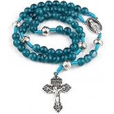 HanlinCC 10mm Beads Catholic Rosary Necklace with Miraculous Center piece and Pardon Crucifix with Gift Box for Men and Women