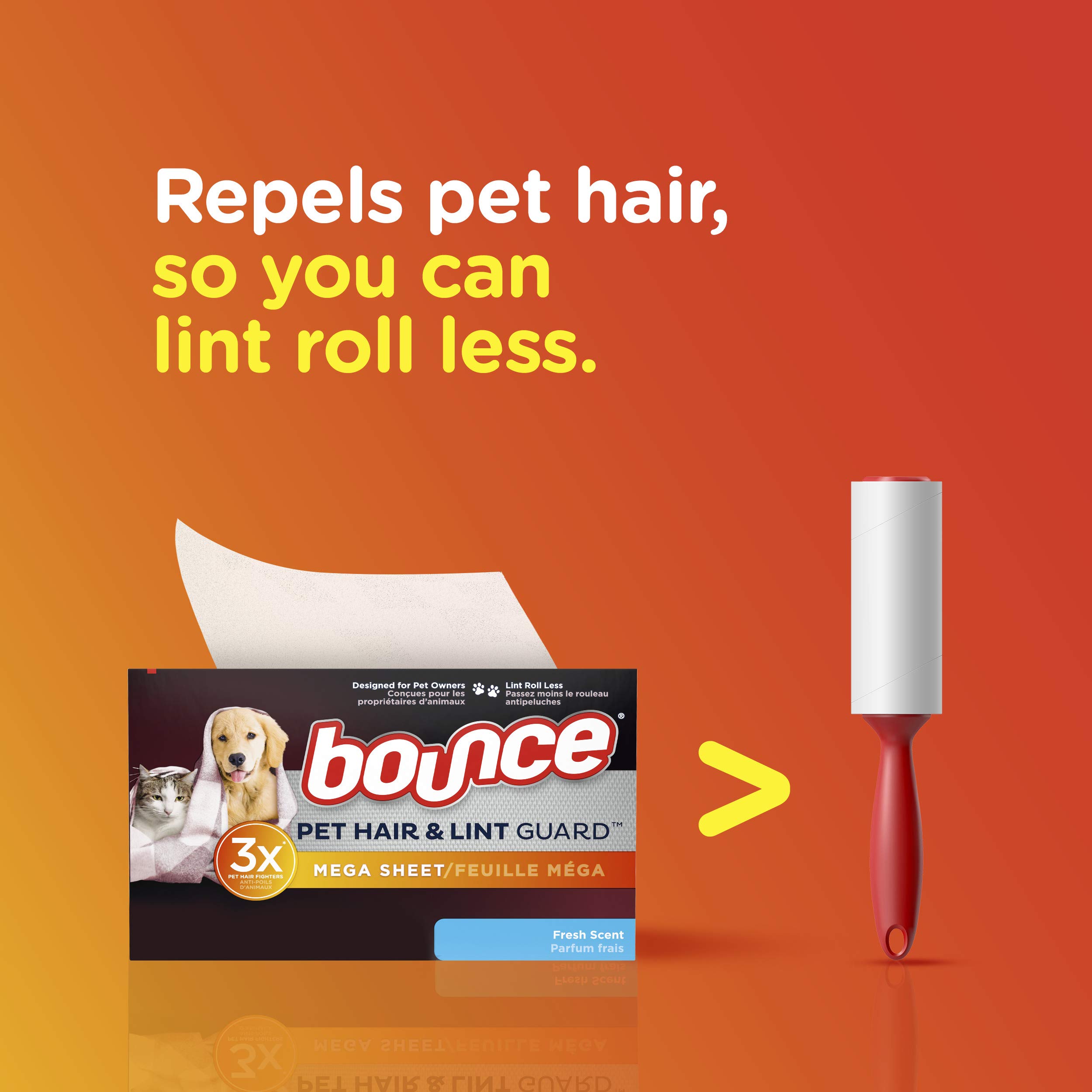 bounce Pet Hair and Lint Guard Mega Dryer Sheets with 3X Pet Hair