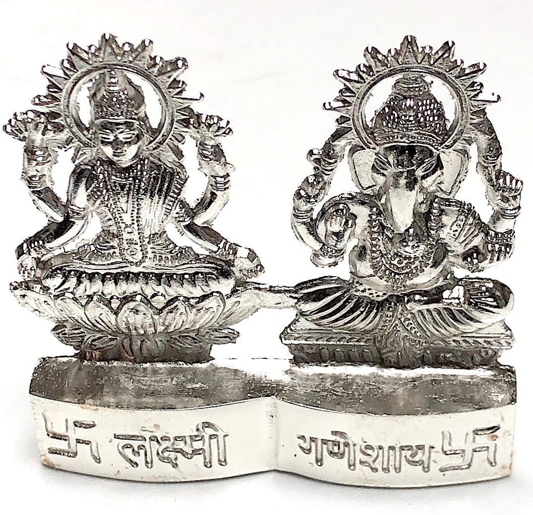 Sri laxmi Ganesh Idol, Sri Lakshmi Ganpati puja figurine in Astadhatu (mix of 8 metals) Gold & Silver polished murti - Energized For Good Luck, Wealth, Prosperity, Financial Success (Silver Polished)