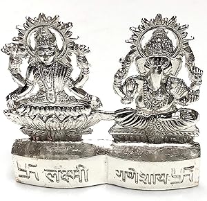 Sri laxmi Ganesh Idol, Sri Lakshmi Ganpati puja figurine in Astadhatu (mix of 8 metals) Gold & Silver polished murti - Energized For Good Luck, Wealth, Prosperity, Financial Success (Silver Polished)