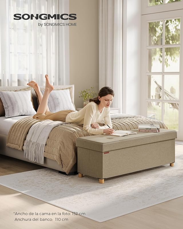 Puff Almacenaje, Baúl Plegable con Patas, 38 x 110 x 40 cm, Banco de Pie de Cama, Banco Almacenaje, Soporta hasta 300 kg, para Sala de Estar, Dormitorio, Entrada, Marrón Camello LSF018K11
