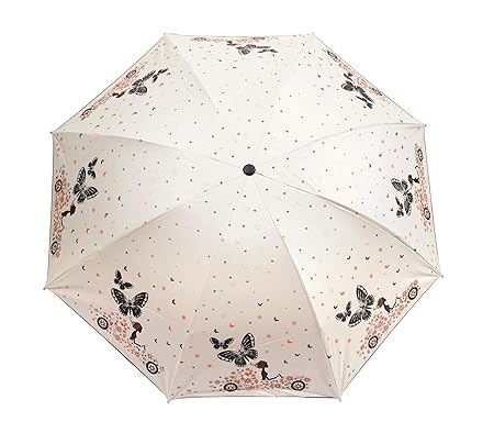 Butterfly Style Black Coating Cartoon Rain Umbrella Women 6K Light Pocket Girls Parasol 3 Folding Anti-UV Protection & Dome Shape Sun Rain Umbrella, Pack of 1