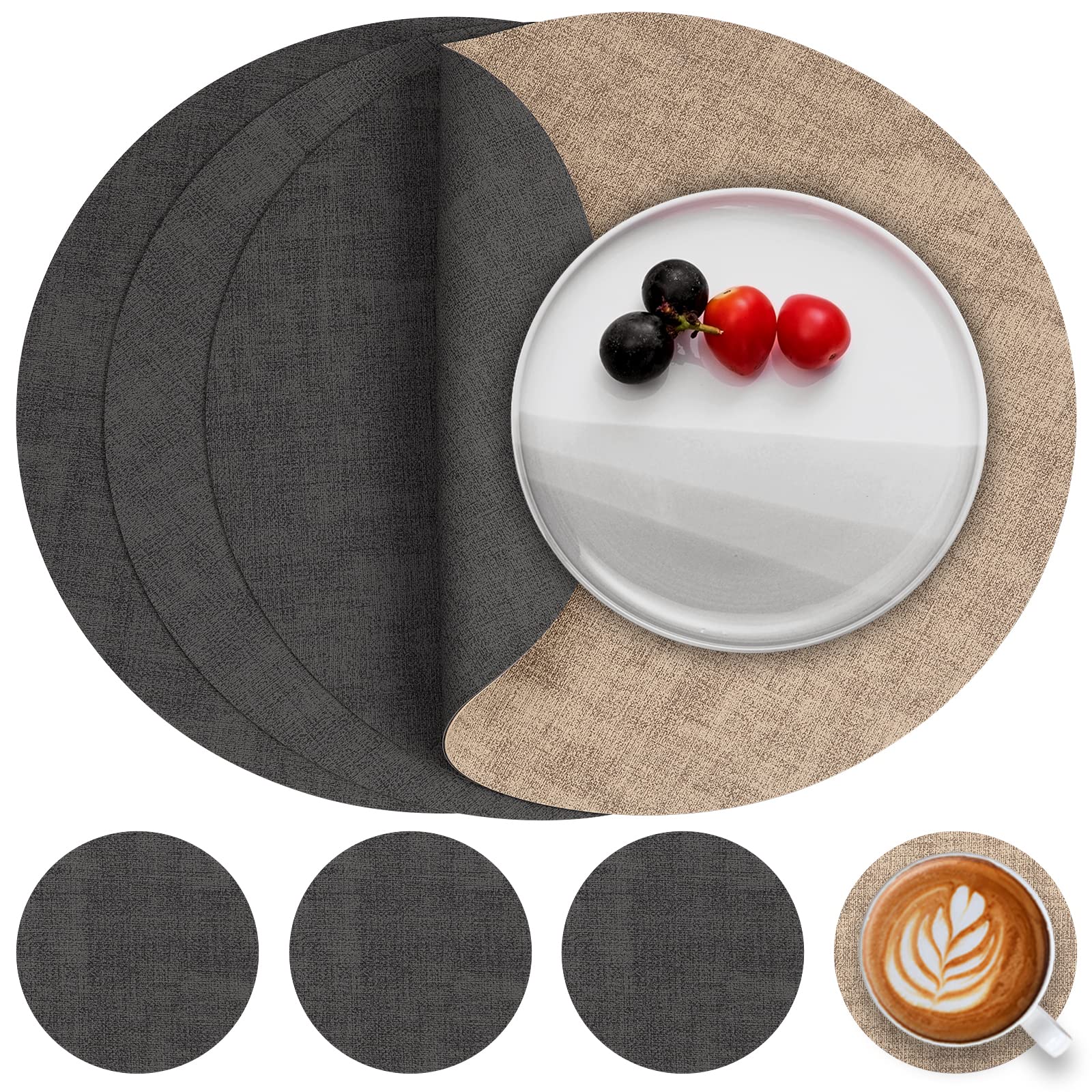Myir JUN Leather Placemats and Coaster Set of 4, Table Mats Round Waterproof Dual Sided Kitchen Place Mats Coffee Mats Heat Resistant Placemat Non-Slip Washable (set of 4, Gray Beige)