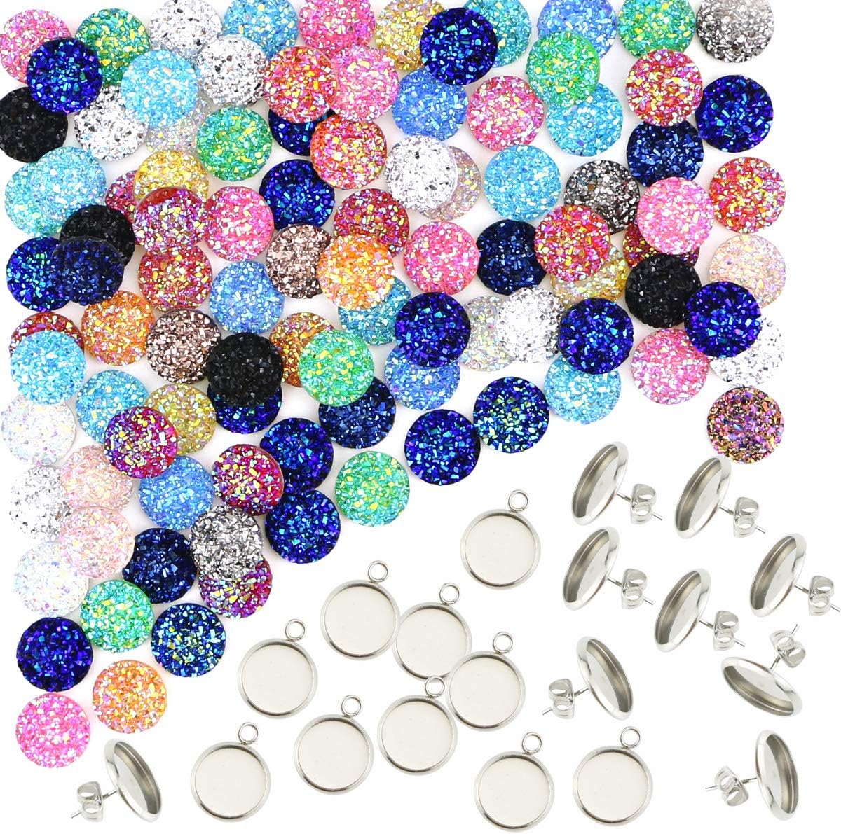 Nexxxi 100 Pieces Round Flatback Resin Cabochon,10 Pieces Stainless Steel Stud Earring,10 Pieces Pendant Trays for Crafting DIY Jewelry Making, 20 Colors,12mm (Round)