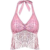Mocure Womens Sequin Fringe Crop Tops Sexy Trendy Sleeveless Cute Halter Rave Wrap Tube Vest Top Leather Sequined Outfits