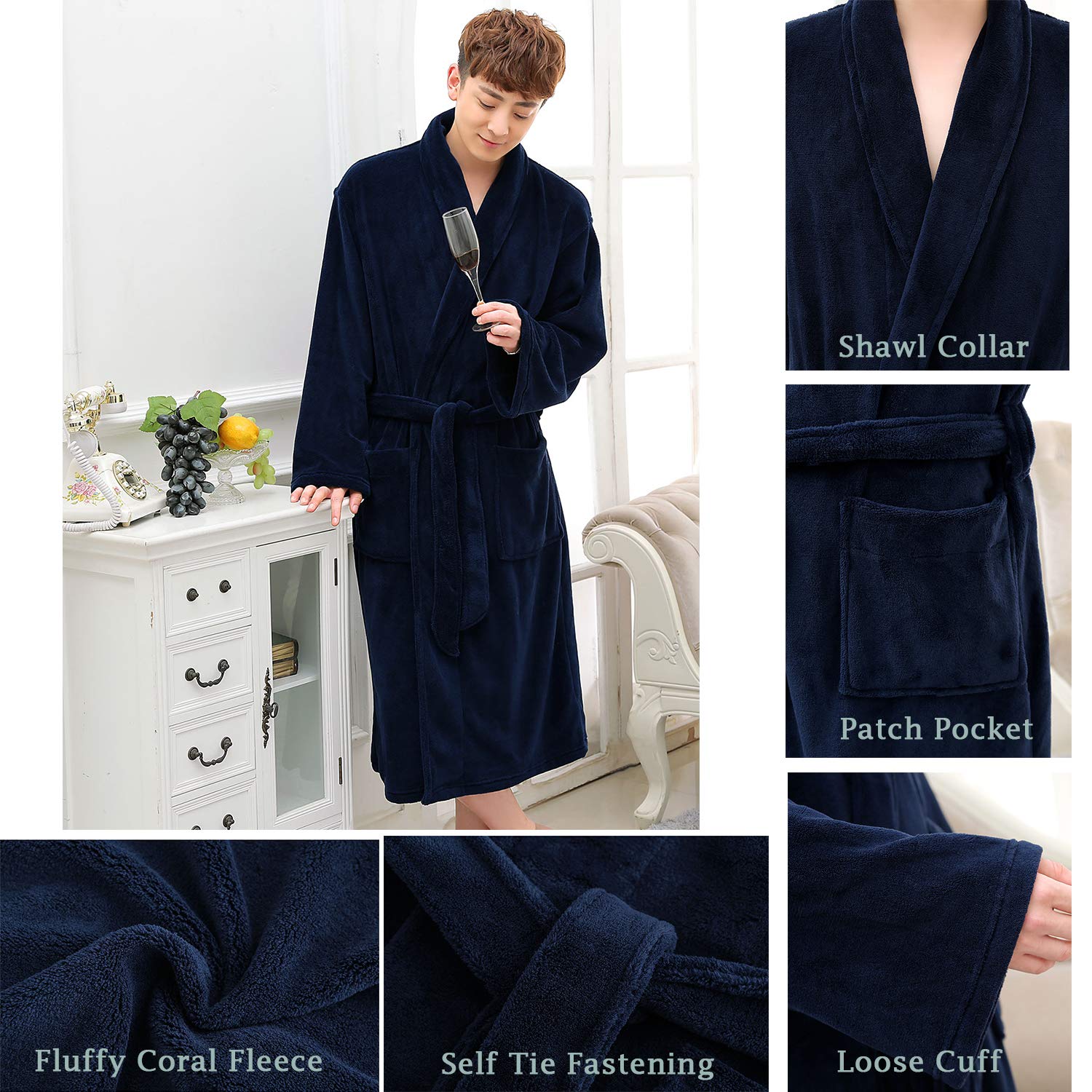 CaiDieNu Men\'s Dressing Gown Luxury Soft Bath Robe Microfiber Nightwear Knee Length Housecoat Loungewear