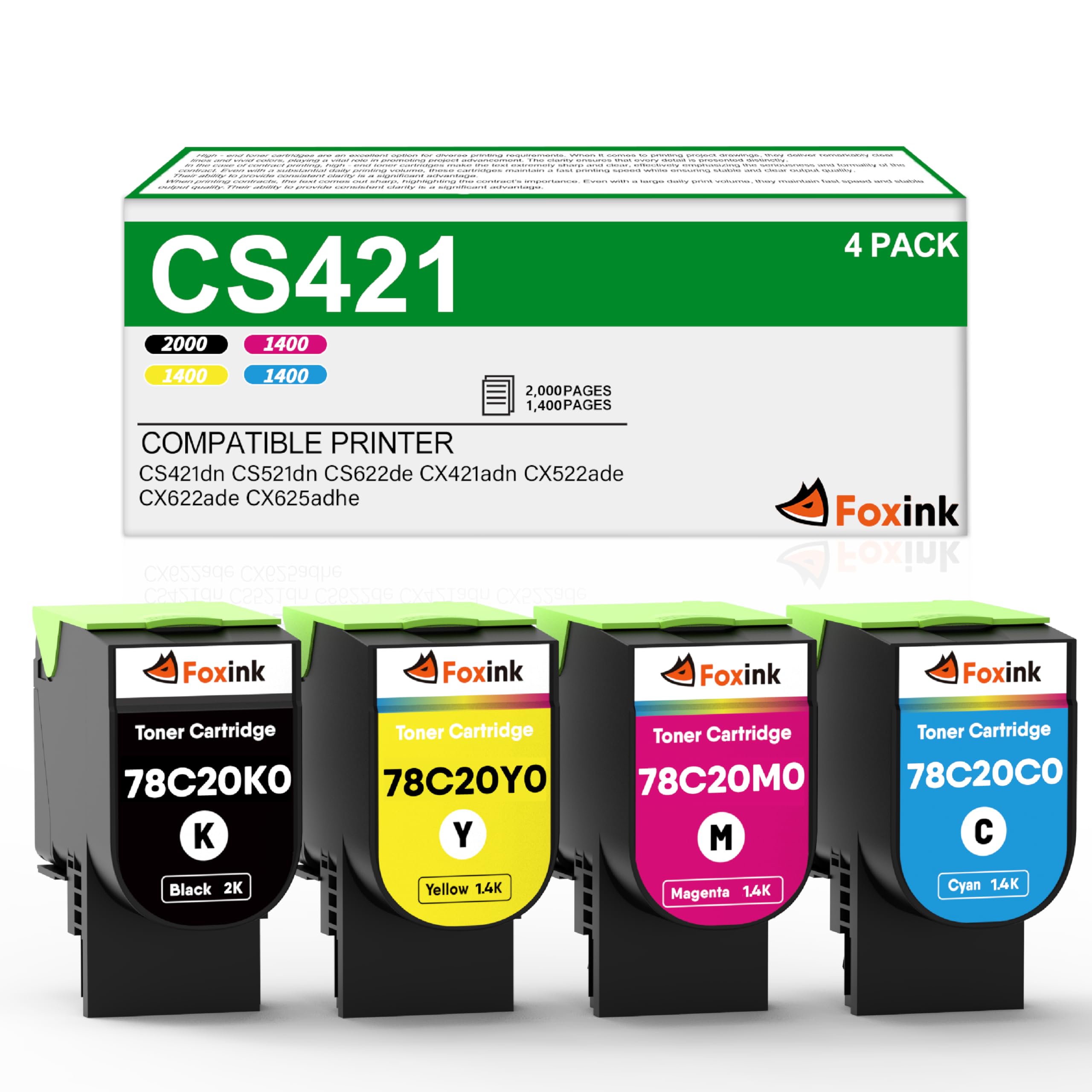 CS421 Compatible Toner Cartridge Replacement for Lexmark CS421 for Lexmark CX421adn CX421 CX522ade CX522 CX622ade CX622 CX625ade CX625 CS421DN CS421 CS421DW Printers (4-Pack)
