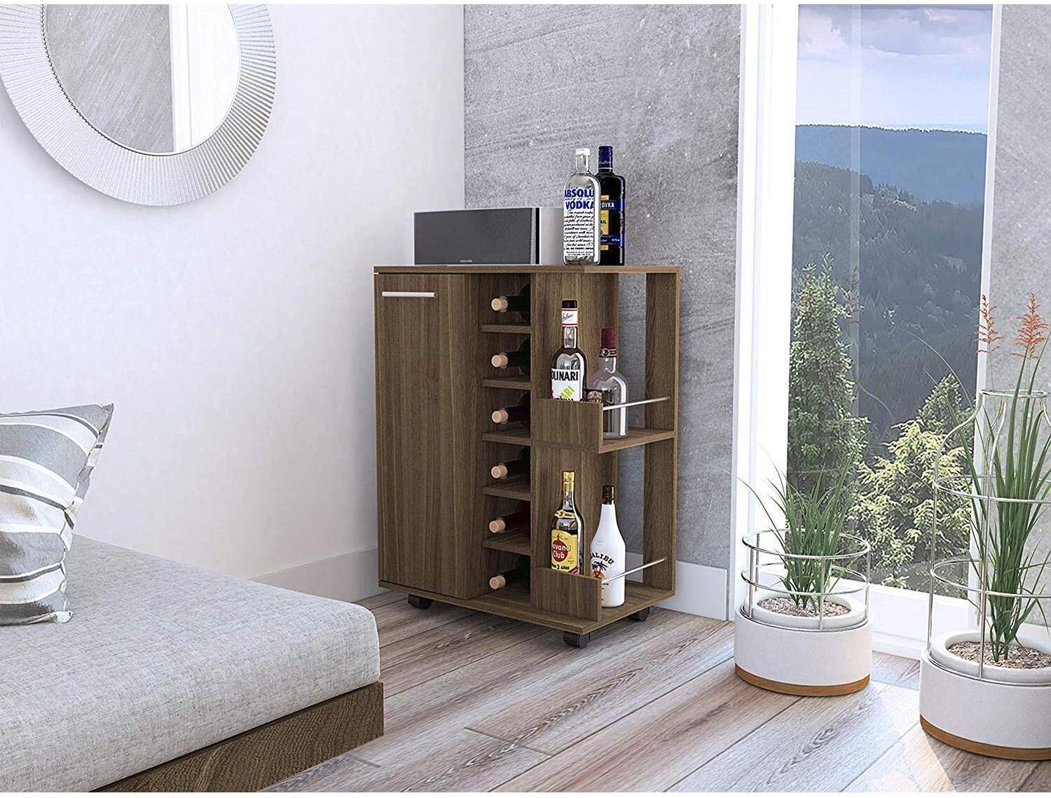 TuhomeBar Cart, Two External Shelves, Four Casters, Six Built-in Wine Rack, Single Door Cabinet -Dark Walnut