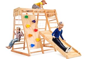 CoziBB 7-in-1 Indoor Jungle Gym for Kids, Toddler Playground With Slide, Swing and Climbing Rock, Wooden Montessori Climbing Toys, Playset