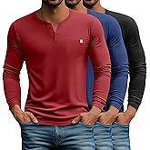 Neer 3 Pack Men's Henley Button T-Shirts, Long Sleeve Printed Pocket Shirts Loose Fit Casual Pullover Basic Tees Tops