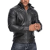 HOOD CREW Men’s Stand Collar Leather Jacket Casual Faux Leather Motorcycle Jacket Outerwear Coat with Zipper Pockets