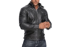 HOOD CREW Men’s Stand Collar Leather Jacket Casual Faux Leather Motorcycle Jacket Outerwear Coat with Zipper Pockets