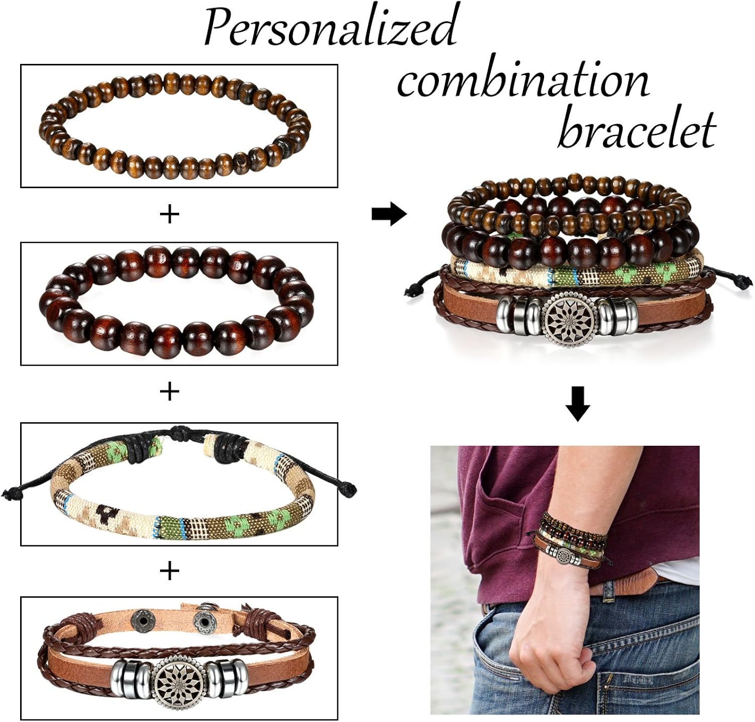 Oidea 8pcs Stackable Multi Leather Layer Wood Beads Dumbbell Tribal Link Cuff Bracelet for Men Women - Image 4