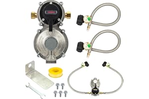 BlueStars Upgraded RV Propane 2-Stage Auto Changeover LP Propane Gas Regulator-2 Tank, with Two 18Inch RV Pigtail Stainless Braided Hoses & Gauge - Dual Propane Regulator for RV Van Trailer Camper