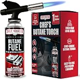 Chef Master Refillable Butane Torch Lighter for Creme Brulee &amp; Searing | Culinary Blow Torch, 4,220 BTU, Adjustable Flame Control, Anti-Flare Device, Browns Meringue, Melts Cheese, 90014