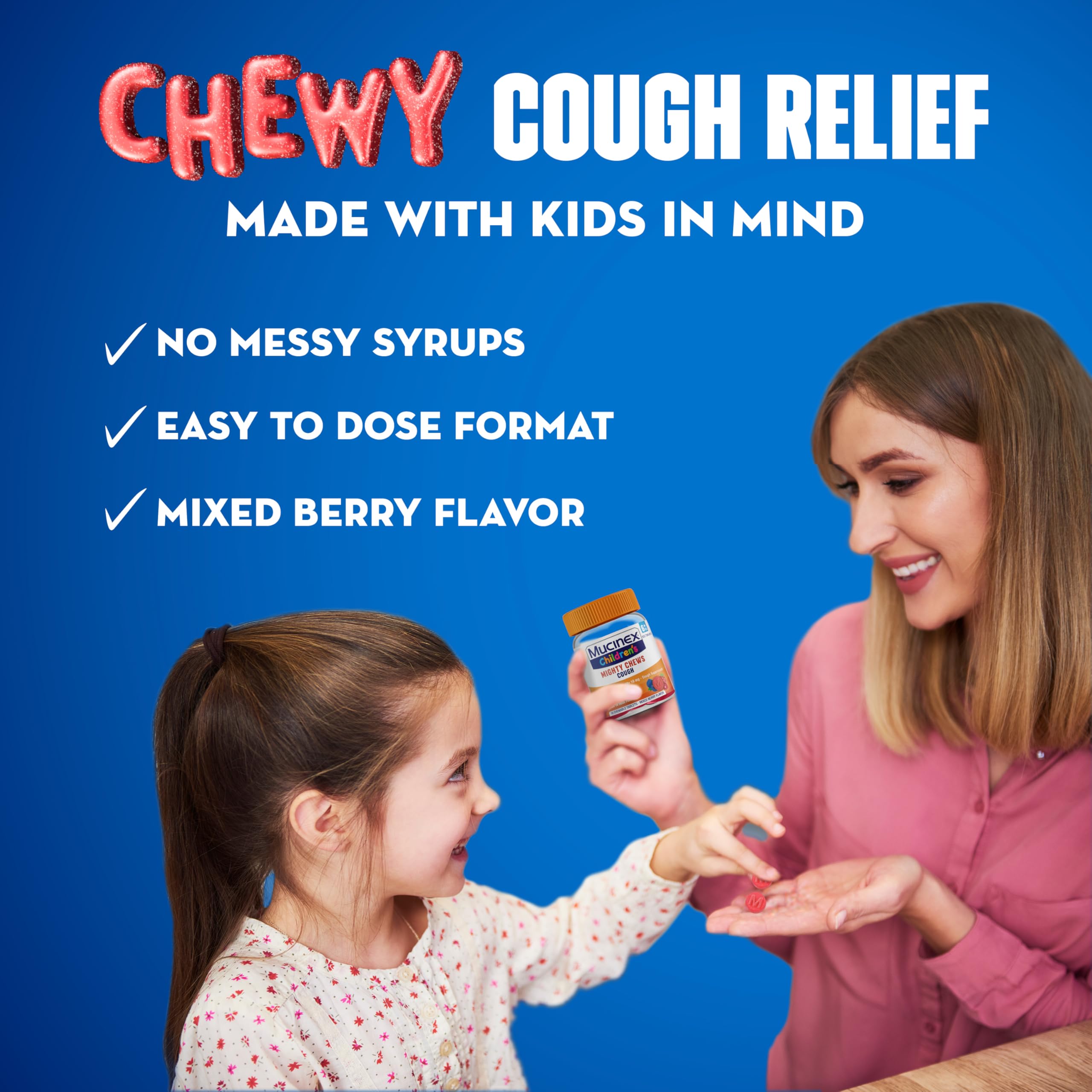 Mucinex Children's Mighty Chews Kids Cough Medicine Daytime and Nighttime Value Pack, Easy to Dose Cough Suppressant for Kids with Dextromethorphan, Mixed Berry Flavor, 32 Medicated Chewable Tablets