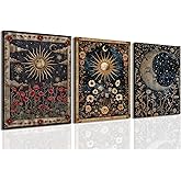 Vintage Mystical Celestial Floral Wall Art Set of 3, Sun Moon Stars Tarot Painting Wall Decor Gothic Cosmic Canvas Poster Prints Dark Astrology Room Decor for Bedroom Living Room Framed 12x16 inch