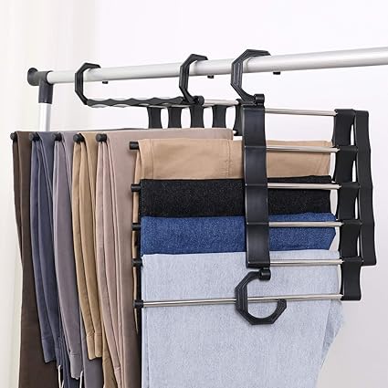 Amazon Co Jp Hongfeng ズボンハンガー パンツハンガー 多機能スラックスハンガー 皺防止 クロゼット収納 省スペース 5段 ブラック ２本セット ホーム キッチン