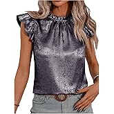 OYOANGLE Women's Metallic Ruffle Cap Sleeve Mock Neck Blouse Frill Trim Party Holiday Tops