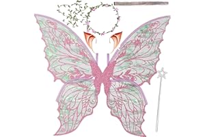 TORAJIRO Fairy Wings for Adults and Girls，Fairy Costume Set with Floral Garland, Fairy Hair Tinsel, Wand & Elf Ears – 29"x21" Organza Butterfly Wings – Ideal for Cosplay, Party, Pink
