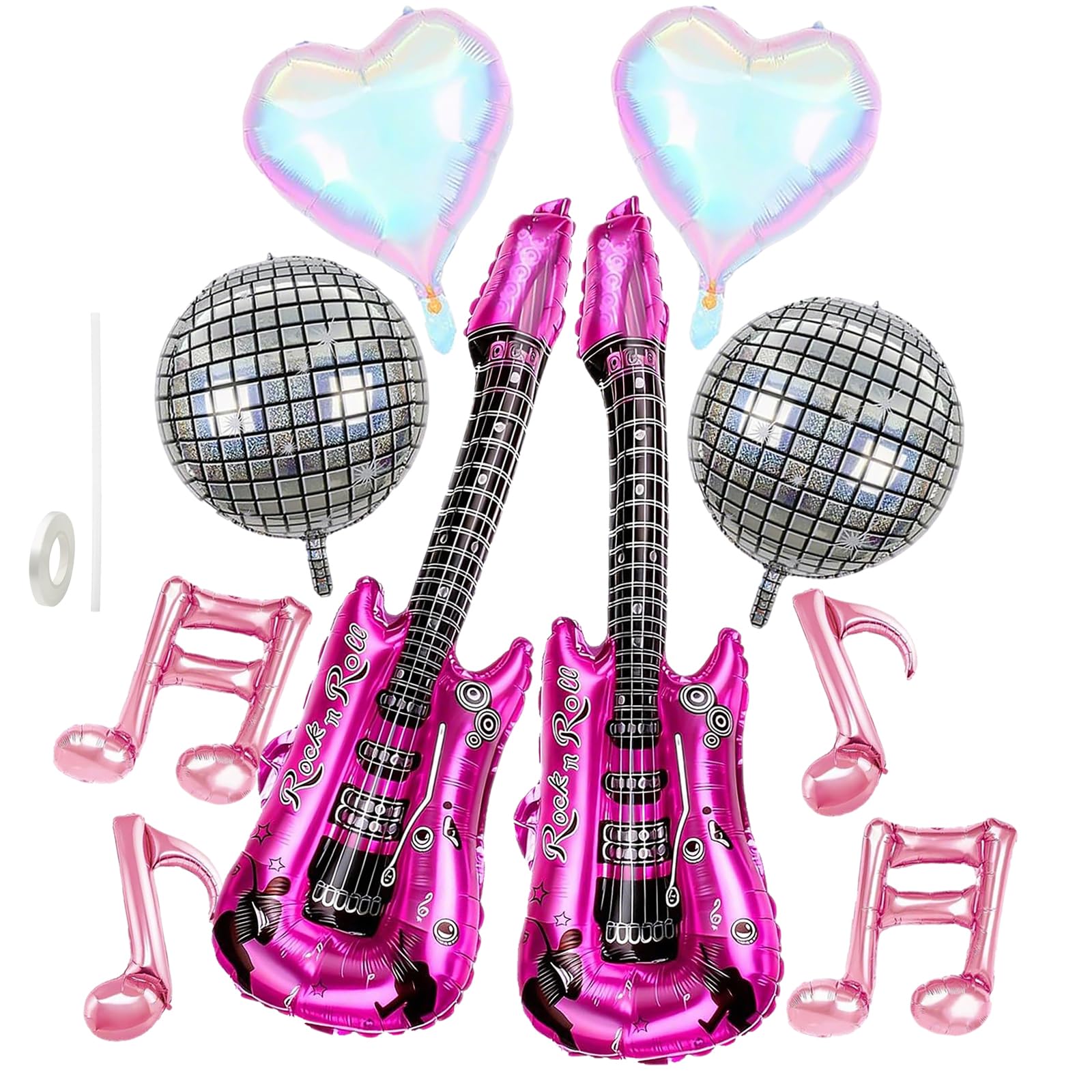 DABAOOU Disco Party Decorations Ball Balloons 10Pcs Pink Purple Music Note Party Balloons Set, 4D Shining Disco Star Balloons, Inflatable Guitar Balloons for Singer Fans, 80s Rock & Roll Dancing Queen