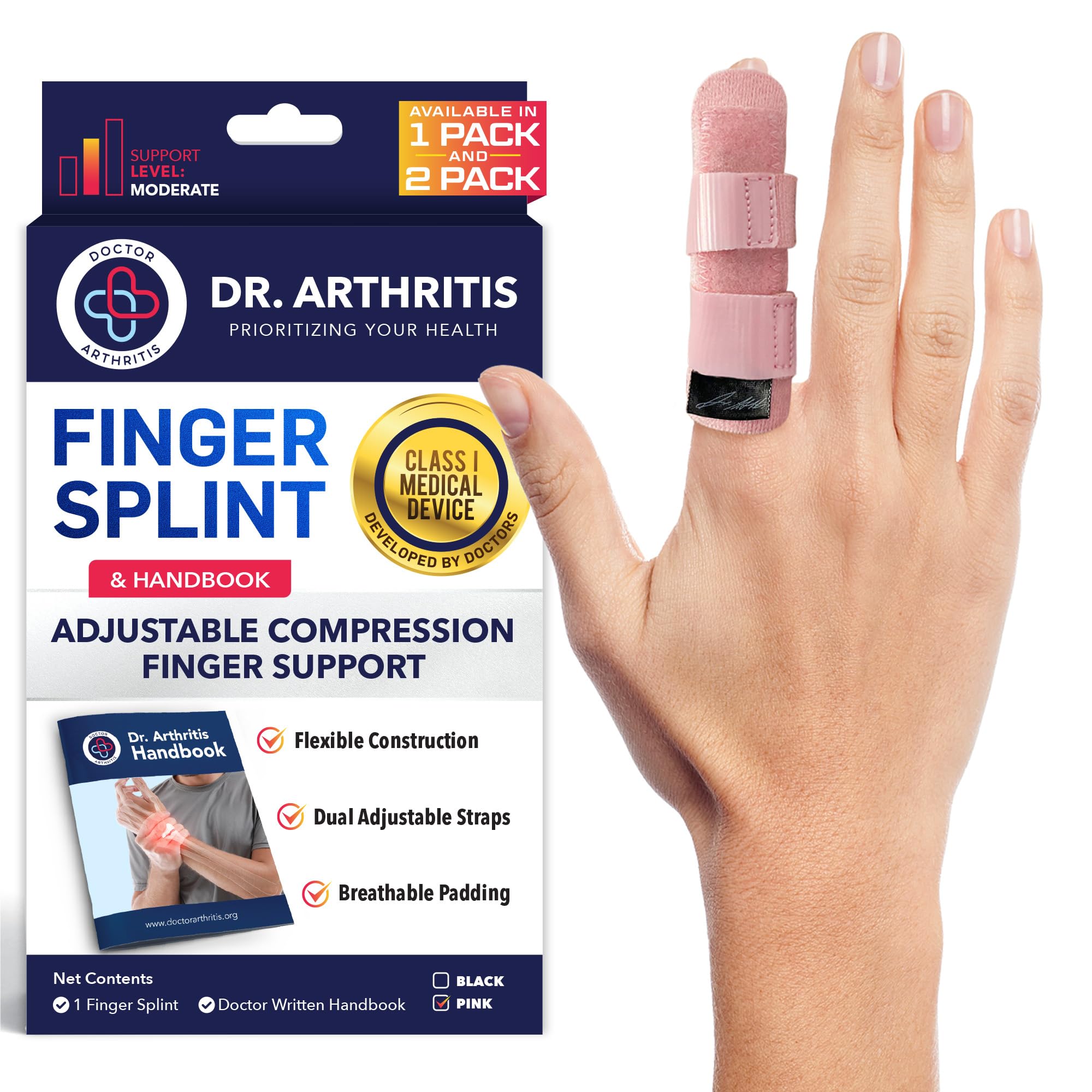 Doctor Developed Finger Splint & Doctor Handbook - Trigger Finger, Arthritis, Rsi - Fits Ring, Index, Pinky & Middle - 2 Sizes (Pink, L/Xl, Single)