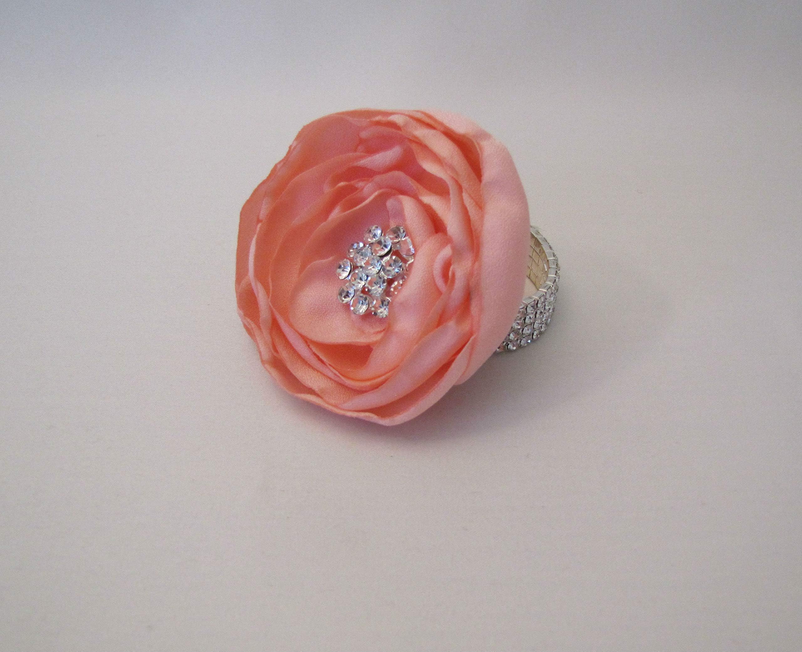 Peach Wrist Corsage, Fabric Flower Mother of the Bride Brooch Rhinestone Keepsake Bracelet, Prom Vintage-Style Shabby Chic Corsage