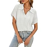 Cakulo Womens Short Sleeve Sweaters Tops Spring Summer 2026 Polo V Neck Collared Crochet Knit Vacation Casual Work Top