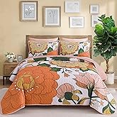 DJY Boho Floral Quilt Set King Size 3 Piece, Botanical Reversible Farmhouse Bedspread Coverlet White and Orange Floral Bedding Soft Microfiber Summer Quilt Bedding Set All Season (110''x90'')
