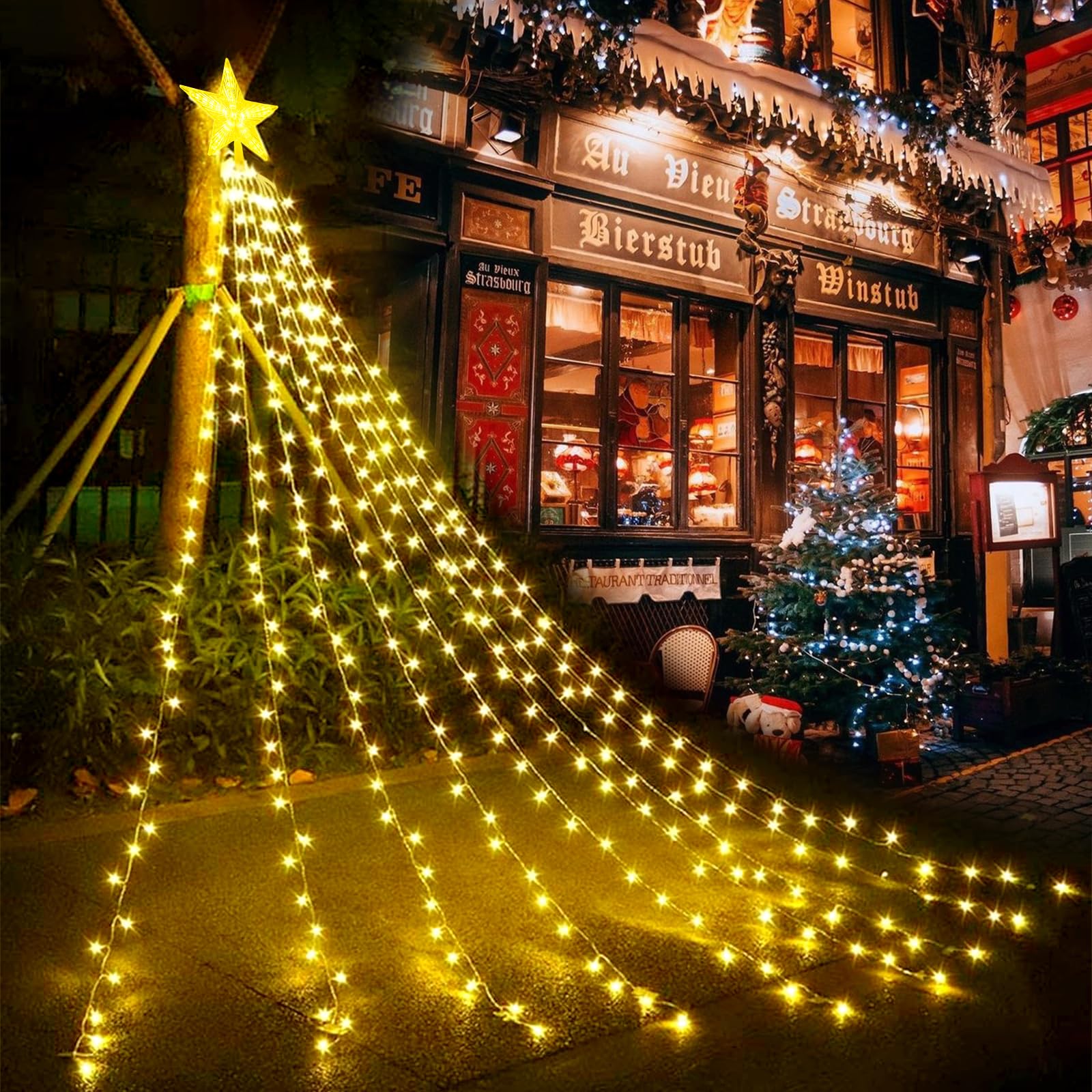 GHONLZIN Christmas Decorations Star Light, 9*6.56ft USB LED String Light with Star Topper for Xmas Tree Decoration, 8 Lighting Modes Fairy Light with Remote for Outdoor Indoor Decorations (Warm white)