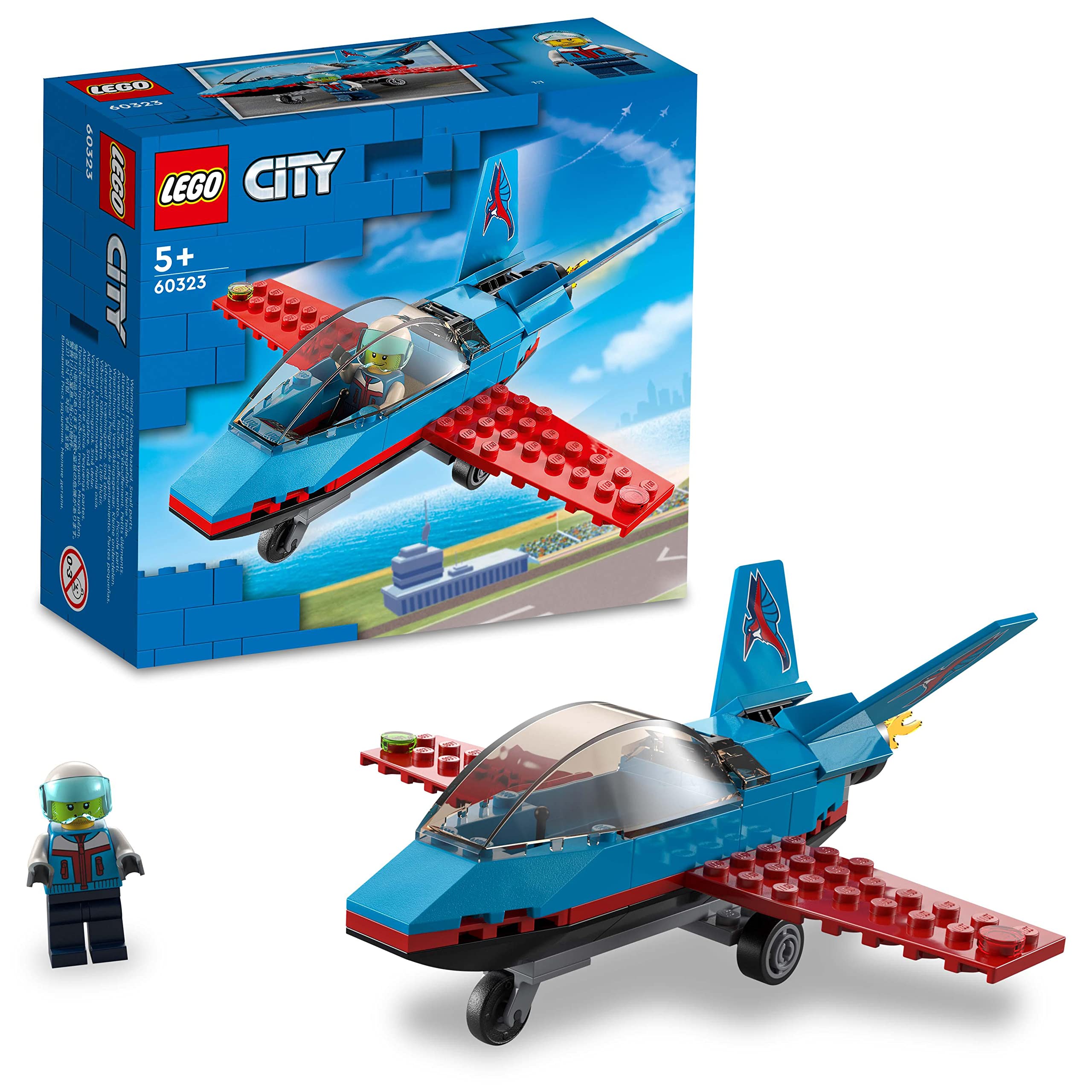 LEGO City Stunt Plane 60323 Building Kit; Toy Jet with Decorated Tail Fins and an Opening Cockpit, Plus a Pilot Minifigure with a Helmet; Fun Action Toy, Designed for Kids Aged 5 and up (59 Pieces)