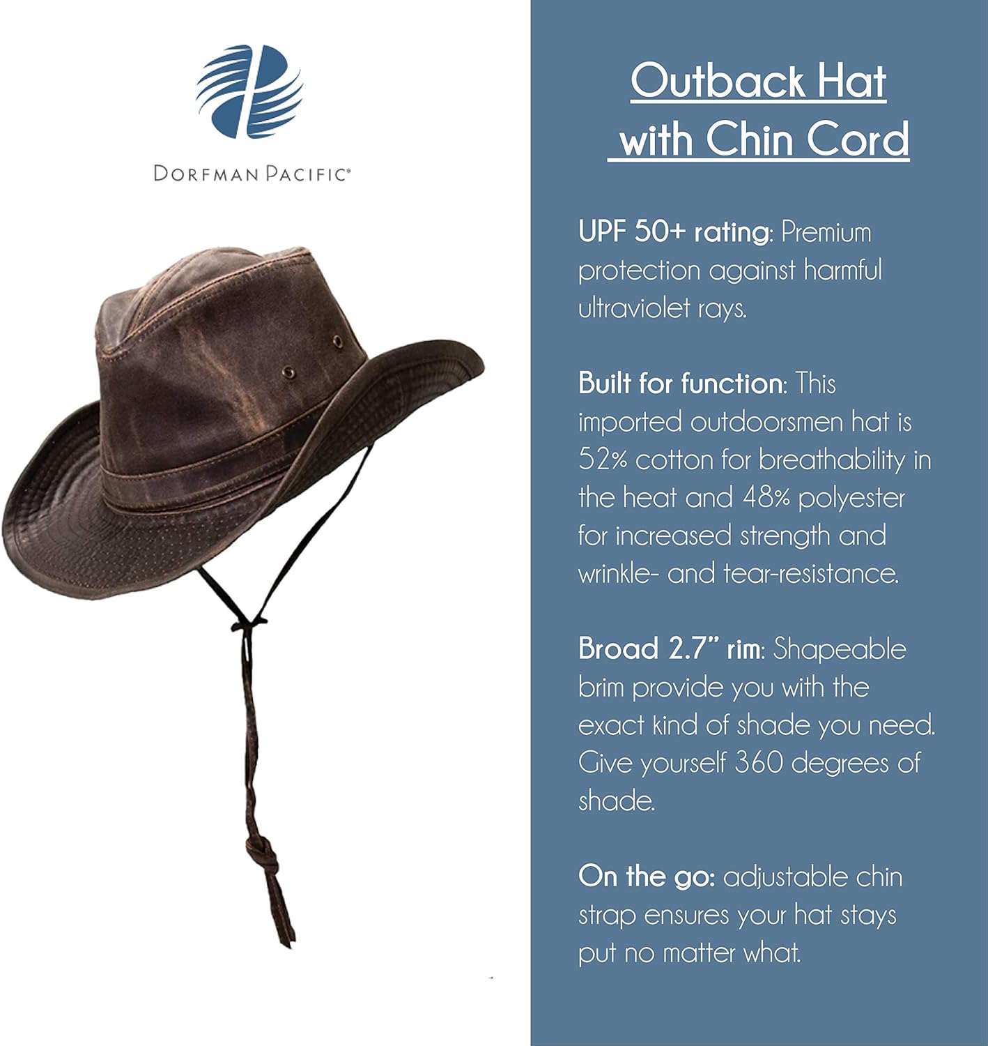 Dorfman Pacific Men's Outback Hat with Chin Cord at  Men’s Clothing store