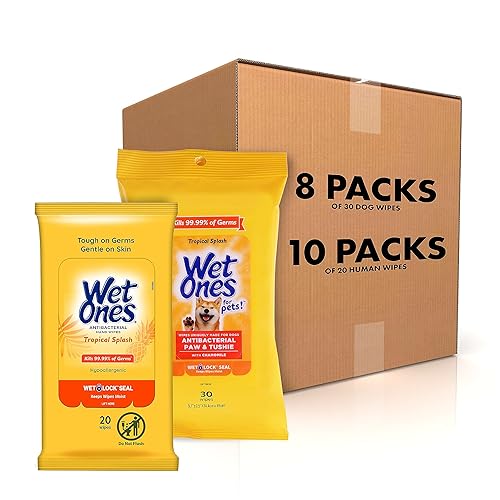 Wet Ones Mixed 18 Piece Bundle of Human & Pet Wet Wipes, Tropical Splash Scent| 10 Packs Antibacterial Wipes, 20 Ct Plus 8 Packs for Pets Paw & Tushie Dog Wipes, 30ct
