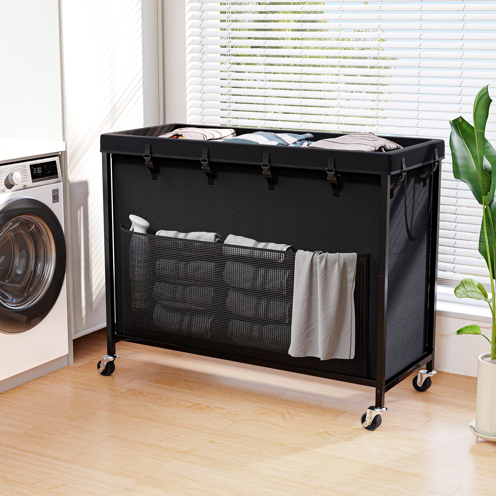300L Laundry Hamper with Wheels, Rolling Laundry Basket with Metal Frame and Removable Bag, Large & Tall Dirty Clothes Hampers for Bedroom Aesthetic, Laundry Room, Bathroom, Dorm-Black Image