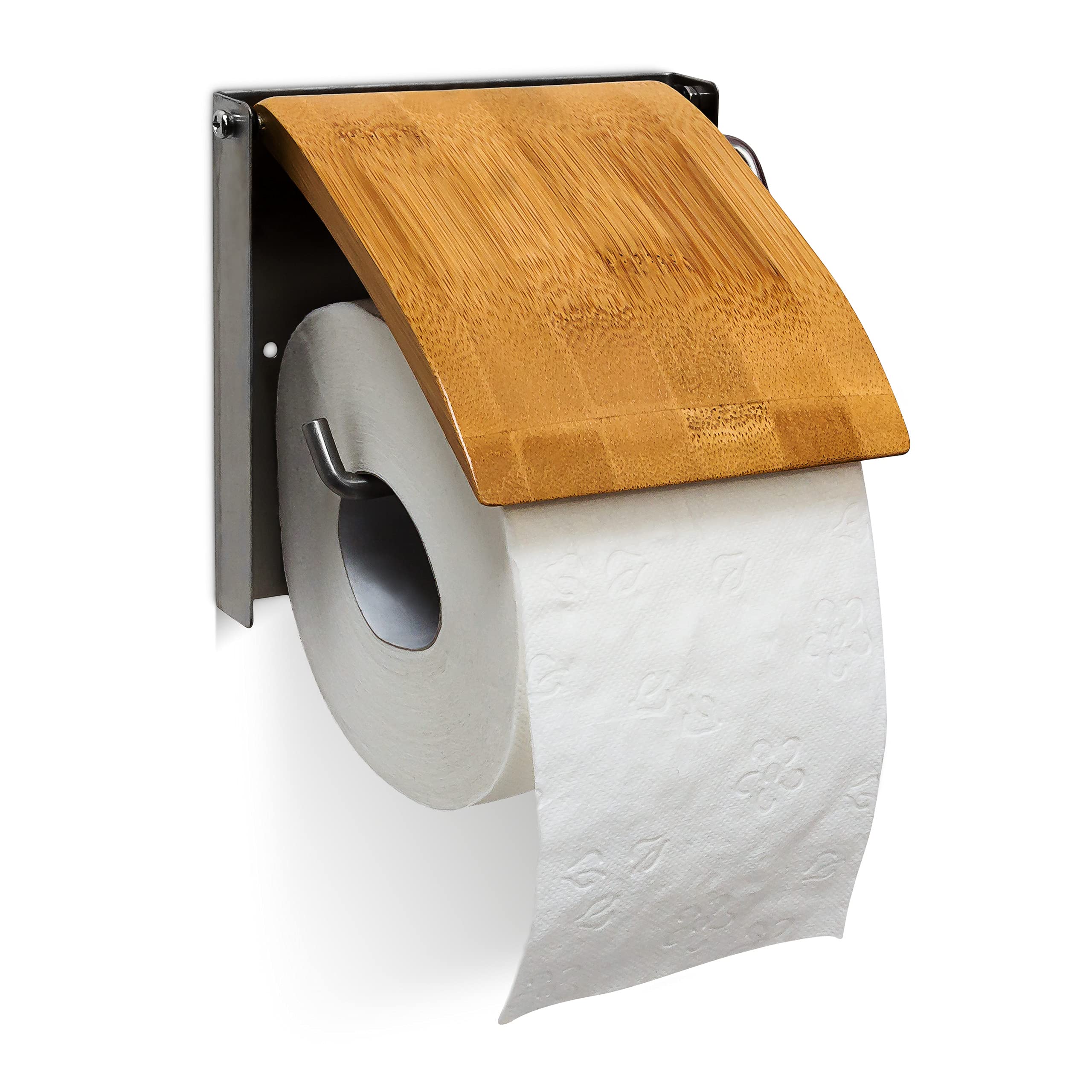 Relaxdays Mounted Roll Made of Bamboo and Stainless Steel Bathroom Wall Toilet Paper Holder, Natural, 2.5 x 14.5 x 13.5 cm