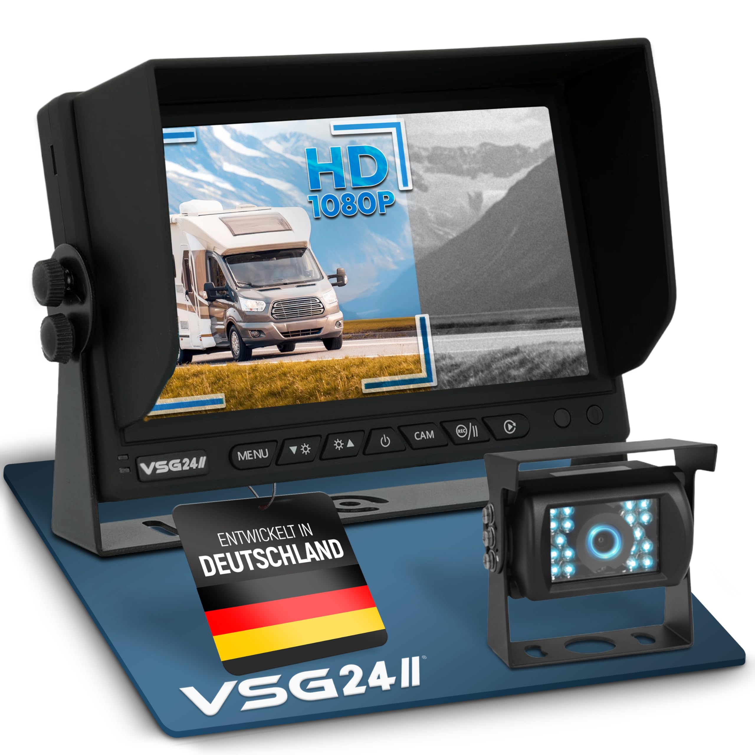 VSG HD-720P reversing system/HD resolution/Heavy duty/12-24 volts/120° & IP67/extremely rugged/3 video inputs/incl. 20m cable/night vision/PRO-Expert series