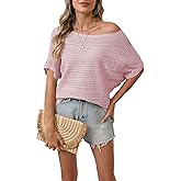 Cakulo Summer Off The Shoulder Tops for Women Crochet Short Sleeve Batwing Knit Spring Oversized Sweater Top