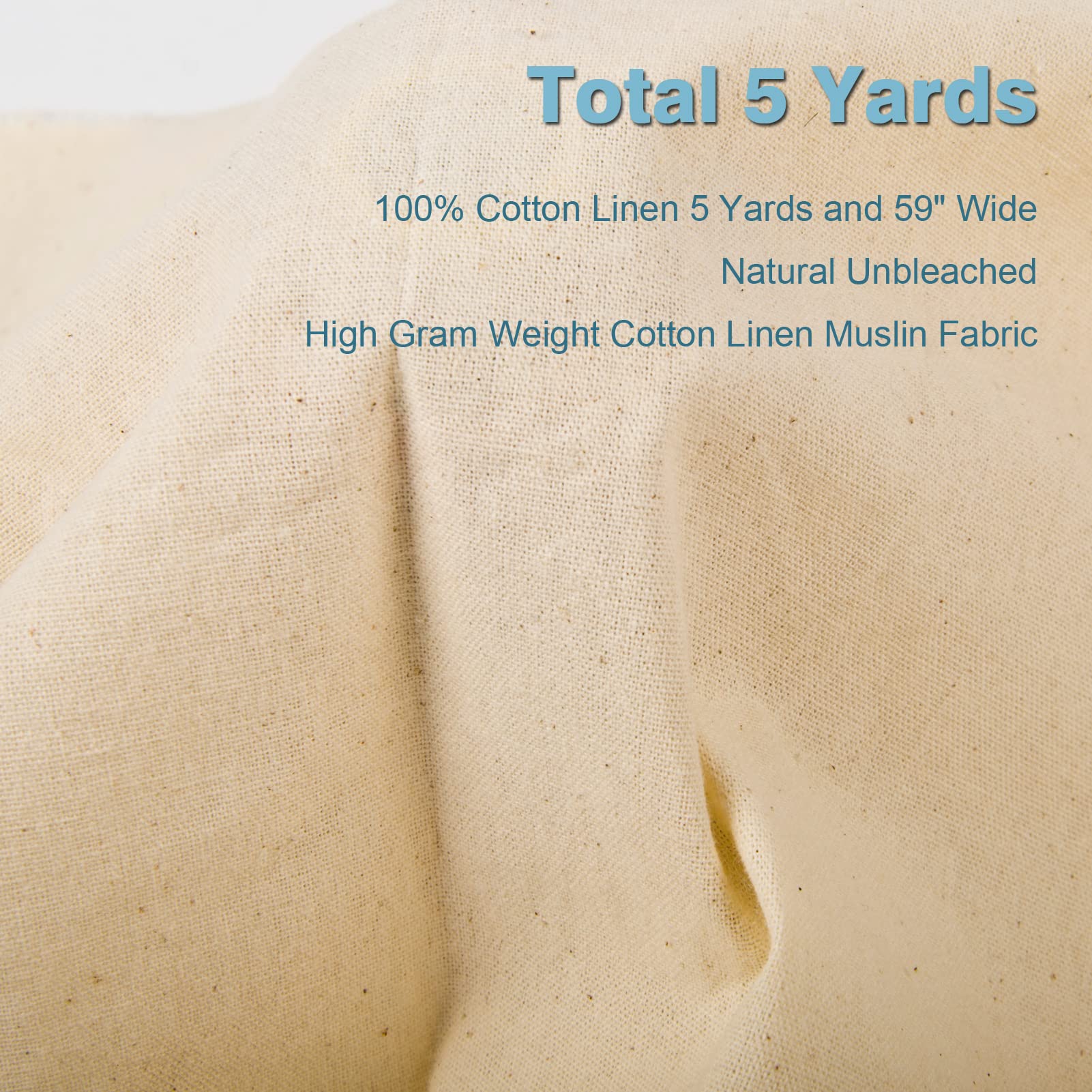 5 Yard Muslin Linen Fabric, Cotton Poplin Fabric by The Yard, 59 Inches Wide, 100% Cotton Fabric, Soft Embroidery Muslin Quilting Material for Sewing Material Apparel Cloth