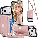 Ephoou Crossbody Case for iPhone 17 Pro Max with Card Holder and Wrist Strap, PU Leather Cover with Adjustable Shoulder Lanyard and Wristband Kickstand for Women Girls for iPhone 17 Pro Max XK-Rose