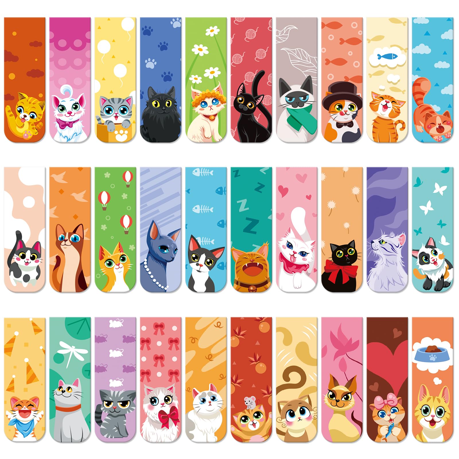 MWOOT 30 Pcs Cute Cats Magnetic Bookmarks,Lovely Cats Page Markers for Students Teacher Reading Lover,Pet Magnet Book Marks Page Clips for Office Home Reading Stationery(30 Designs,2x6cm)