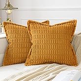 MIULEE Gold Yellow Corduroy Decorative Throw Pillow Covers Pack of 2 Soft Striped Pillows Pillowcases with Broad Edge Winter Modern Boho Home Decor for Couch Sofa Bed 18x18 Inch