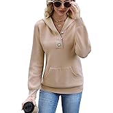 Sicnebee Women Hoodies Sweaters Oversized V Neck Striped Knit Pullover Sweatshirts Hooded Button Long Sleeve Tops with Pocket