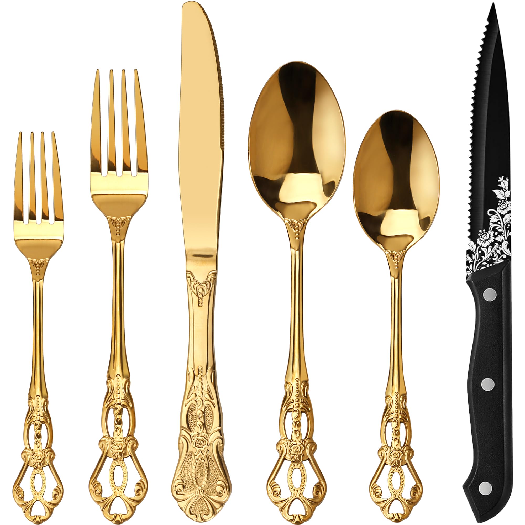 Photo 1 of ** Knifes only ** Runfly Retro Royal Gold 48 Pieces Flatware Set, Gorgeous Golden Silverware Set For 8, Anti-rust Stainless Steel dark Cutlery Set Utensils Including Fork Spoon and Knife