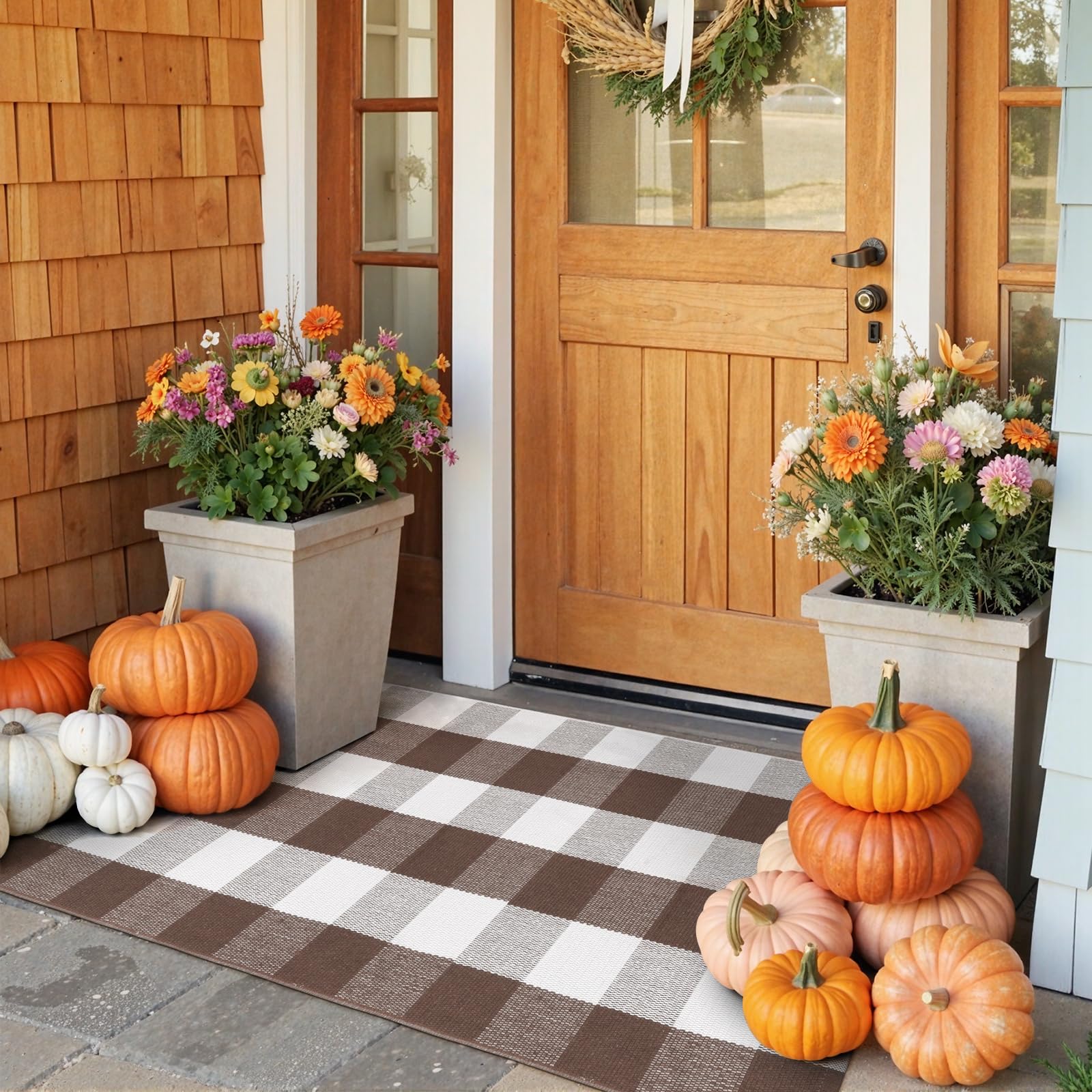 Photo 1 of KIMODE Fall Decor Front Door Mat Buffalo Plaid Outdoor Rug 24"x51" Brown and White Checkered Rug Farmhouse Fall Thanksgiving Front Porch Rug Cotton Washable Layered Doormats Autumn Mats